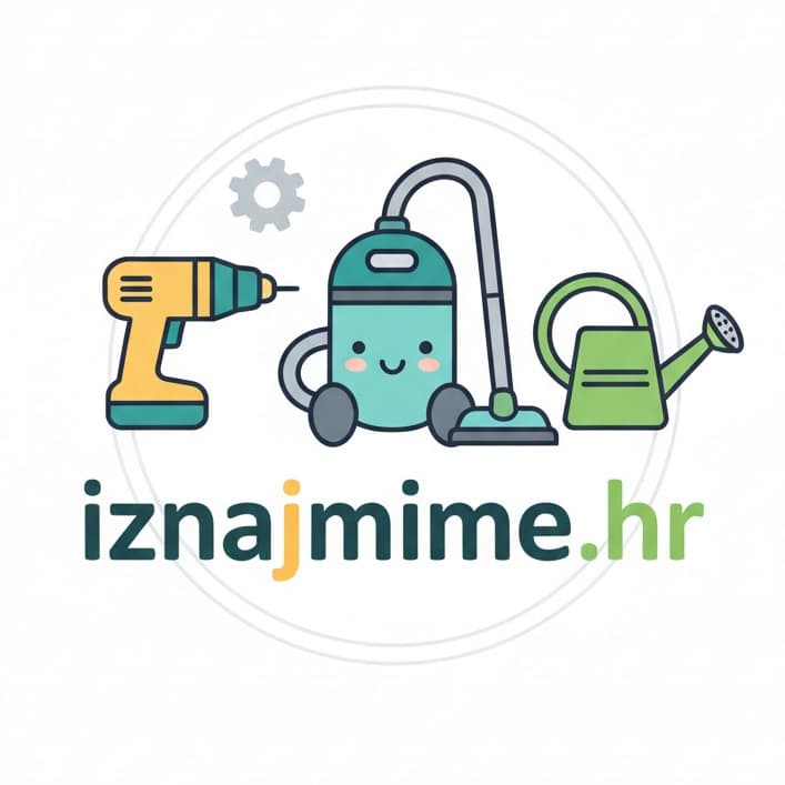 Logo iznajmime.hr, na slici su prikazani alati za ciscenje, alati za uredenje vrta i okucnice, alati za sitne kucanske propravke.