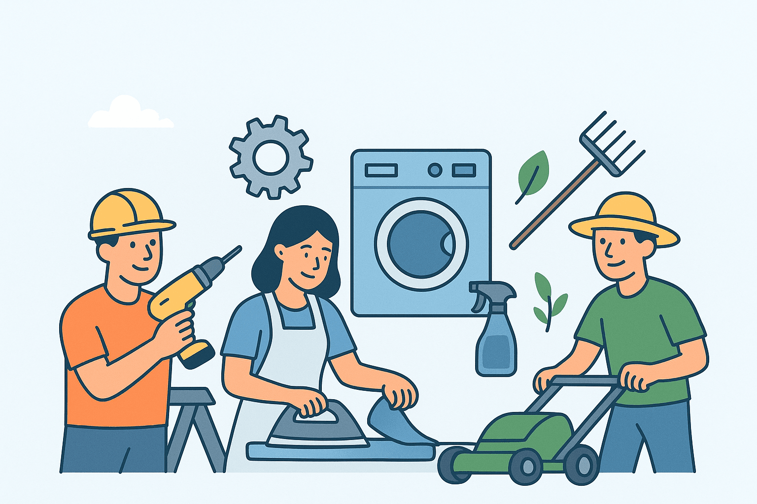 Ilustracija ljudi koji obavljaju kućanske poslove (peglanje, košnja i bušenje).